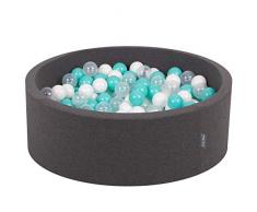 KiddyMoon Bällebad 90X30cm/300 Bälle ∅ 7Cm Bällepool Mit Bunten Bällen Für Babys Kinder Rund, Dunkelgrau:Helltürkis/Weiß/Transparent