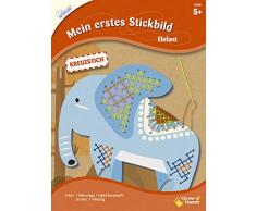 MAMMUT 161001 - Mein erstes Stickbild, Tiermotiv, Elefant, Komplettset mit Bildvorlage in Tierform, Nadel (Kunststoff), 5x Garn und Anleitung, Bastelset für Kinder ab 5 Jahre