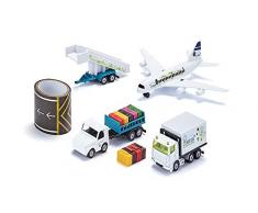 SIKU 6312, Flughafenset, Metall/Kunststoff, Weiß, Inkl. Verkehrsflugzeug, Catering-Fahrzeug, Anhänger mit Fluggasttreppe, Flughafenschlepper, Kofferanhänger und 5m langes Rollfeld-Tape
