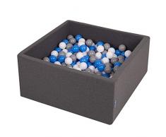 KiddyMoon Bällebad 90X40cm/200 Bälle ∅ 7Cm Bällepool Mit Bunten Bällen Für Babys Kinder Quadrat, Dunkelgrau:Grau/Weiß/Blau