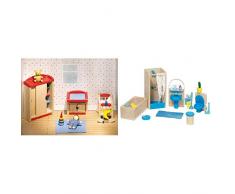 Goki 51905 - Kinderzimmer, 12-teilig, Puppenhausmöbel & 51903 - Badezimmer Puppenhausmöbel , 17-teilig