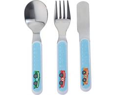 HABA 300410 - Besteck Flotte Flitzer, Kinderbesteck aus Edelstahl mit Rennwagen-Motiven, Set aus Gabel, Messer und Löffel, spülmaschinengeeignet