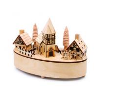 Spieluhr kleines Dorf, Winterkulisse aus detailliert gearbeitetem Sperrholz, Kirche dreht sich sanft zu der Melodie Stille Nacht, schöne Weihnachtsdekoration mit gelben LED-Lämpchen in den Häusern