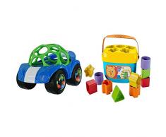 Oball, Spielzeugauto mit Rassel, 1 Stück, Farblich sortiert & Fisher-Price FFC84 Babys Erste Bausteine Formensortierspiel mit Spielwürfeln und Eimer zum Verstauen, ab 6 Monaten