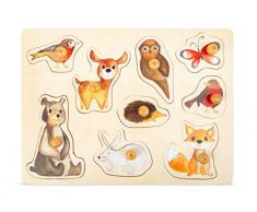 Small Foot 11499 Setzpuzzle Waldtiere aus Holz mit niedlichen Tier-Motiven, Puzzle für Kleinkinder ab 12 Monaten Spielzeug, Mehrfarbig