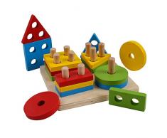 B&Julian® Steckpuzzle Steckspiel Sortierspiel Stapelspiel Holzpuzzle Motorikspielzeug 17tlg.Geometerie Holz Puzzle für Kinder ab 12 Monate