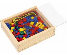Lena 32020 - Bastelset Holzfädelperlen 164 Teile, 160 Fädelperlen aus Holz und 4 Schnüre in wiederverschließbarer Holzkassette, Holzperlen Set für Kinder ab 4 Jahre, Perlen Set für Schmuckketten