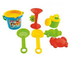 Bieco 06000217 7-teiliges Sandspielset im Netzrucksack, Buddeleimer mit Zubehör im Netz, Strandspielzeug zum Buddeln und Planschen, Sandspielzeug für Kinder ab 18m+, bunt