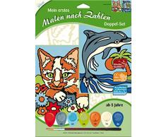 MAMMUT 102002 - Mein erstes Malen nach Zahlen, Tiermotive, Katze & Delfin, Doppelpack, Komplettset mit 2 bedruckten Malvorlagen, 7 Acrylfarben und Pinsel, Malset für Kinder ab 5 Jahre