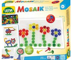 Lena 35602 - Mosaik Steckspiel Set mit 80 transparent farbigen Mosaikstecker je 15 mm und Stiftplatte 21 x 16 cm, Steckmosaik für Kinder ab 3 Jahre, mit Steckvorlagen Tiere, Blumen und Fahrzeuge