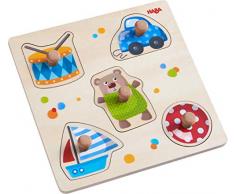 HABA 304608 - Greifpuzzle Spielsachen, 5-teiliges Holzpuzzle mit Spielzeug-Motiven und großen, griffigen Holzknöpfen, Holzspielzeug ab 12 Monaten