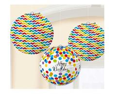 amscan 241248 3 Lampions Bright Birthday, Mehrfarbig