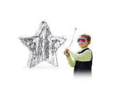 Relaxdays 10025182 Pinata Stern, zum Aufhängen, für Kinder, Mädchen & Jungen, zum selbst Befüllen, aus Papier, Piñata, Silber