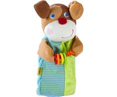 HABA 304930 - Klang-Handpuppe HABA-Musikant Hund, Spielpuppe aus weichen Materialien mit klappernden Kunststoffringen für akustische Effekte, Spielzeug ab 18 Monaten