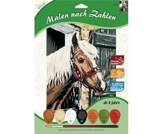 MAMMUT 105019 - Malen nach Zahlen Tiermotiv, Pferd im Stall, Komplettset mit bedruckter Malvorlage im A4 Format, 7 Acrylfarben und Pinsel, Malset für Kinder ab 8 Jahre