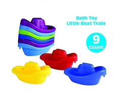 Playkidz Baby Badespielzeug Little Boat Train Packung mit 9 stapelbaren Kunststoff-Kinderschleppern für Bathtub & More in 6 Farben ab 3 Jahren, Multi