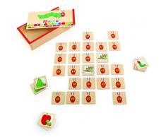 Raupe Nimmersatt Memo aus Holz, verziert mit bunten Motiven der kleinen Raupe, in einer praktischen Holzbox, ideal zum Mitnehmen, klassisches Gedächtnisspiel ab 2 Jahren