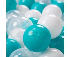 KiddyMoon 300 ∅ 7Cm Kinder Bälle Spielbälle Für Bällebad Baby Plastikbälle Made In EU, Türkis/Transparent/Weiß