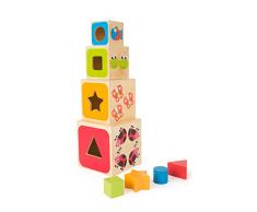 Small Foot 10627 Stapelwürfel aus Holz mit bunten Tiermotiven und integriertem Steckspiel Spielzeug