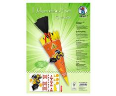 Dekorationsset Baustelle, 4 Bogen Bastelkarton DIN A4, beidseitig bedruckt, vorgestanzt, genutet, zum Dekorieren einer Schultüte, teilweise veredelt, mit Satinband