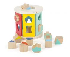 Small Foot 11107 Holzrolle, Steckbox mit mit 12 unterschiedlich geformten Steckwürfel aus Holz Spielzeug, Mehrfarbig