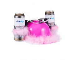 Relaxdays Bierhelm Pink, Helm mit Schlauch, für 2 Dosen Bier, Junggesellenabschied Frau, Party Trinkhelm, rosa Federn