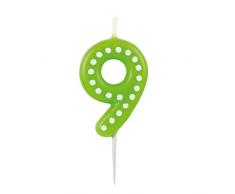 amscan 9900909 Zahlenkerze 9, mit weißen Punkten, farbig Sortiert, Entweder in Gelb, Blau, Rot, Grün oder Orange