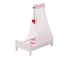 roba Puppenbett aus Puppenmöbel Serie „Fienchen“, Puppenbett inkl. textiler Ausstattung, Bettwäsche und Himmel, Puppenzubehör weiß lackiert