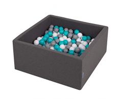 KiddyMoon Bällebad 90X40cm/200 Bälle ∅ 7Cm Bällepool Mit Bunten Bällen Für Babys Kinder Quadrat, Dunkelgrau: Grau/Weiß/Türkis