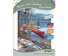 MAMMUT 107004 - Malen nach Zahlen Artists, Landschaftsmotiv, Boot am See, Komplettset mit bedruckter Malvorlage im A4 Format, 20 Acrylfarben und Pinsel, Malset für Kinder ab 8 Jahre
