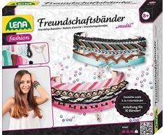 Lena 42116 - Bastelset Multi Freundschaftsbänder, Komplettset mit 2 Bänder aus Satin, Garne in 8 Farben, 3 Kordeln und 2 Verschlüsse, Knüpfset für Kinder ab 8 Jahre, Flechtset für 2 Armbänder 5 in 1