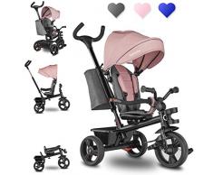 Lionelo Haari 2in1 Dreirad mit Schubstange ab 18 Monate bis 25kg Vorwärts und Rückwärtsfahrt schlauchlose Gummireifen Freilauf geräumiger Korb Tasche Getränkehalter (Rosa)