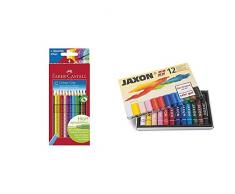 Faber-Castell 112412 - Buntstifte Colour Grip, 12er Kartonetui & Honsell 47412 - Jaxon Ölpastellkreide, 12er Set im Kartonetui, brillante, lichtechte Farben