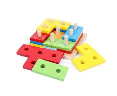 B&Julian® Steckpuzzle Steckspiel Sortierspiel Stapelspiel Holz Puzzle Motorikspielzeug 12 TLG. mit Steckplatte Baby Spielzeug 1 Jahre