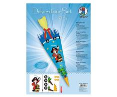 Dekorationsset Pirat, 4 Bogen Bastelkarton DIN A4, beidseitig bedruckt, vorgestanzt, genutet, zum Dekorieren einer Schultüte, teilweise veredelt, mit Satinband