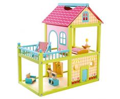 Bino 83556 - großes Puppenhaus aus Holz, Geschosshöhe ca. 28 cm, 41 Teile, Mehrfarbig mit 2 Spielebenen 1 Balkon. Für Kinder im Alter ab 36 Monaten EIN Spielvergnügen. Größe ca. 55,5x30,2x50 cm.