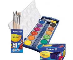 Pelikan Set DIN 5023 Deckfarbkasten K12, 12 Farben + 1 Tube Deckweiß, Schul-Standard (mit Becher + Pinsel), Blau