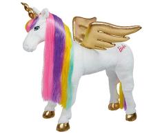 Happy People 58053 Barbie Einhorn mit Sound zum Daraufsitzen, stehend, Tragkraft 100 kg, Sattelhöhe 50cm, Plüschpferd mit Geräuschen