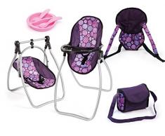 Bayer Design 63694AB Zubehör-Set mit Sitz, Tragegurt, Tasche und Essgeschirr Pflaume-für Puppen bis ca. 46 cm