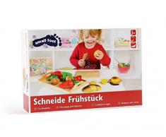 Schneide Frühstück aus Holz, verschiedene Lebensmittel, wie Obst und Gemüse mit Klettverschlüssen zum Zerteilen und Zusammenfügen, Kinderküchen Zubehör inkl. kleinem Brettchen, Tablett und Besteck