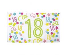 Boland 31114 - Dekorationsfahne Zahl 18, 1 Stück, Größe 90 x 150 cm, Geburtstag, Konfetti, Luftschlangen, Volljährig, Polyester, Banner, Wanddekoration, Jubiläum, Hängedekoration, Dekoration