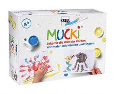 Kreul 29101 - Mucki Fingermalfarbe, Farben Spiel Kiste, Wir malen mit Händen und Fingern, Lern- und Spielset, 5 x 50 ml Fingerfarbe, 2 kleine Dosen, Wackelaugen, Holzstäbchen sowie 10 Malvorlagen