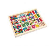 Fädelbox Vivien, Fädelspiel / Bastelspiel mit 13 verschiedenen Perlenvarianten aus Holz und sechs bunten Gummibändern zum Basteln von Schmuck, Armbändern und Freundschaftsarmbändern, Holzspielzeug ab 3 Jahre