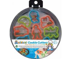 Alldoro Backset für Kinder, mit rundem Backblech und 10 Ausstechformen, aus hitzebeständigem Silikon und Metall, für Backofen bis 180 °C geeignet, lebensmittelecht