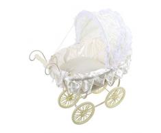Puppenwagen „Weiß mit Spitze“ aus edlem, weißen Korbgeflecht, auf einem Metallgestell mit Kunststoffrädern, in einem nostalgischen Design mit Spitze und Rüschen am verstellbaren Verdeck, Puppenzubehör oder edle Deko