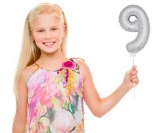 Folienballon Zahl Silber mit Stab wiederaufblasbar (Silber Zahl 9)