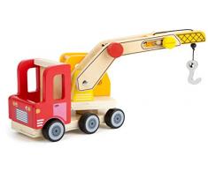 Small Foot 12008 Kranwagen aus Holz, mit vielen Funktionen, 360 Grad drehbar, Greifhaken mit Kurbelfunktion, herausfahrbarer Ausleger Spielzeug, Mehrfarbig