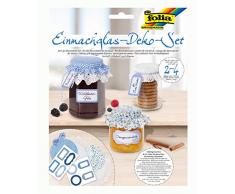 folia 30303 - Einmachglas Dekorationsset, 13 teiliges Set zum Verzieren von Einmachgläsern mit Etiketten, Deckchen und Anhängern in den Farben hellblau/dunkelblau, zum anschließenden Verschenken