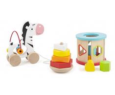 Small Foot 11106 Motorikspielzeug-Set aus Holz, mit Ziehtier, Stapelturm und Steckspiel im farbenfrohen, kindgerechten Design Spielzeug, Mehrfarbig
