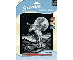 MAMMUT 136018 - Kratzbild, Motiv Einhorn, silber, glänzend, Komplettset mit Kratzmesser und Übungsblatt, Scraper, Scratch, Kritzel, Kratzset für Kinder ab 8 Jahre